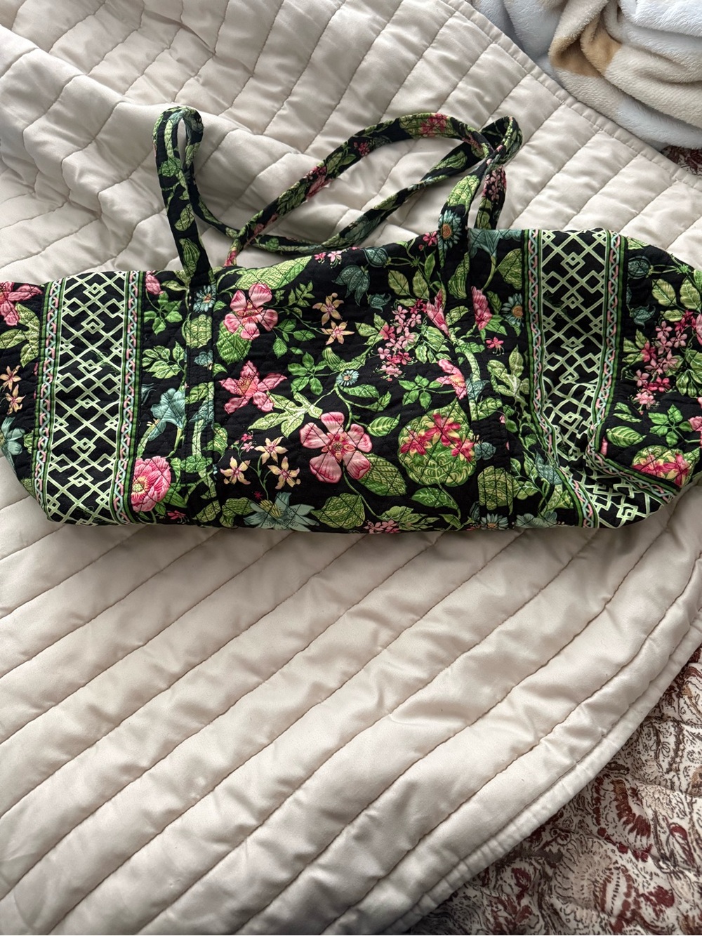 Vera Bradley Black Quilted Floral Travel Tote with Pink and Green